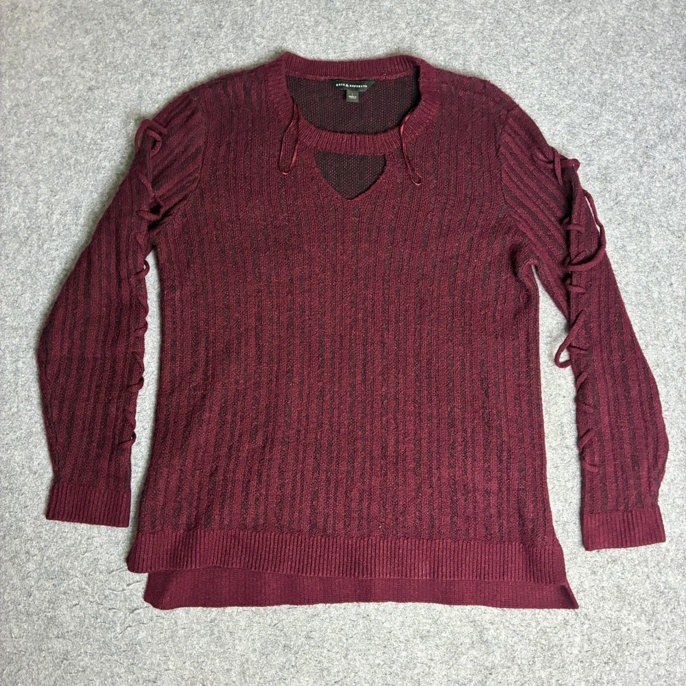 Rock & Republic Sweater Womens Large Burgundy Dark Lace Up Sleeve Cutout